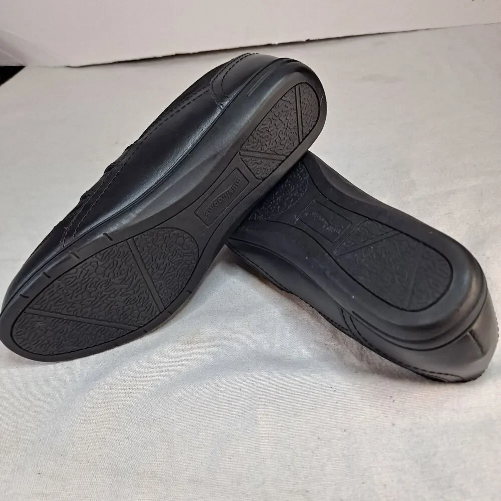 Mushrooms Black Leather & Suede Wedge Flats Size 8 M Elastic Straps for Stretch